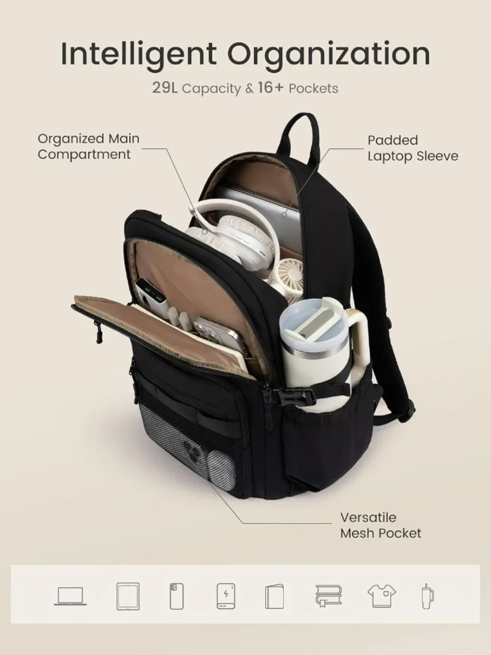 Stylish Laptop Backpack for Women with Cup Holder, 15.6